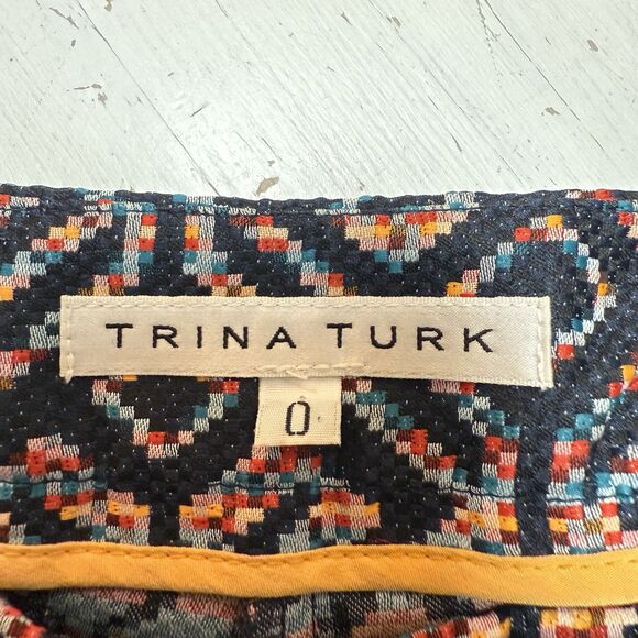 Trina Turk Shorts Sz 0 Corbin Flat Front Navy Jacquard Embroidered Colorful - Picture 7 of 11